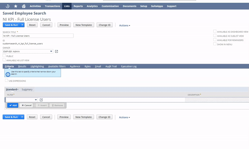 Sample Saved Search for Licensed User Count