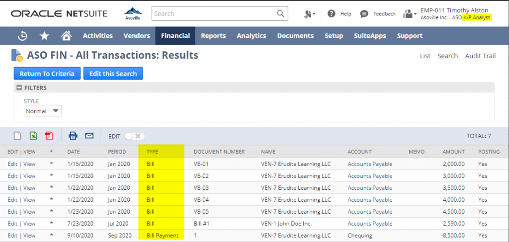 Transaction Search A/P View