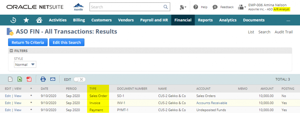 Transaction Search A/R View