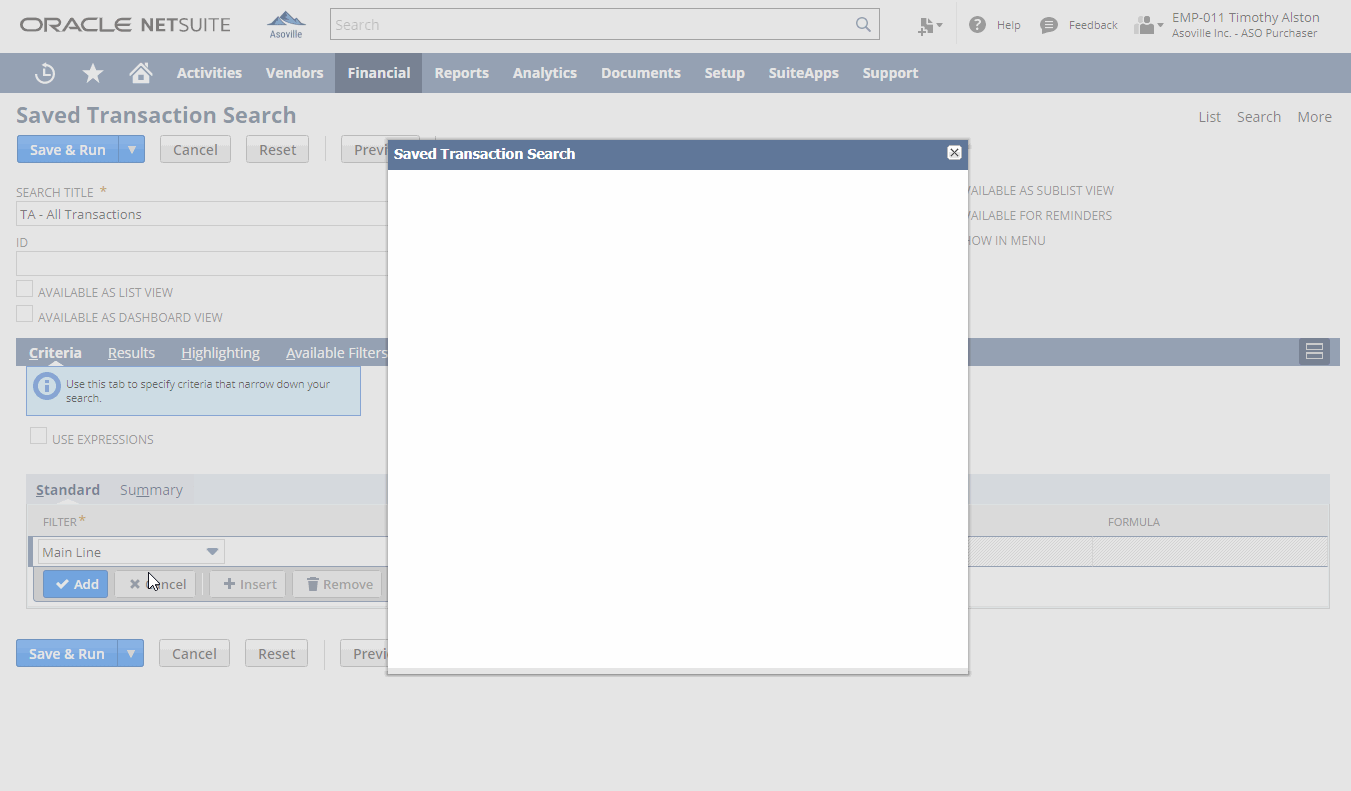 Run Unrestricted - All Transactions Search from Purchaser Role