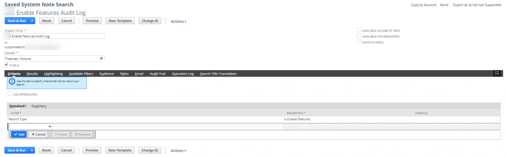 Saved search criteria