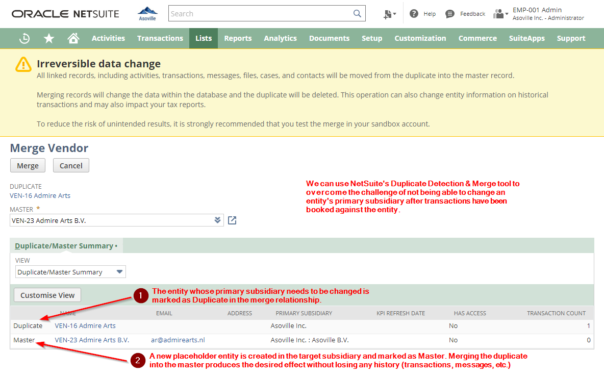 How to change an entity's primary subsidiary via NetSuite's merge tool illustrated
