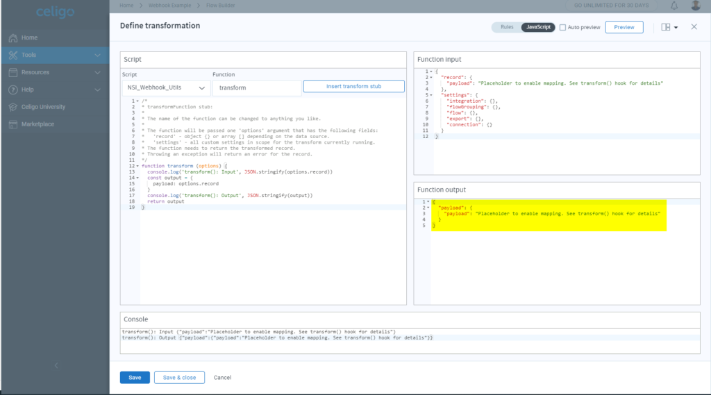 Celigo webhook input transformation script