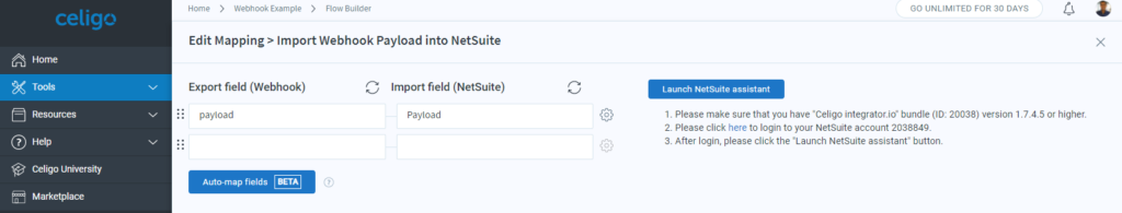 Celigo webhook NetSuite mapping