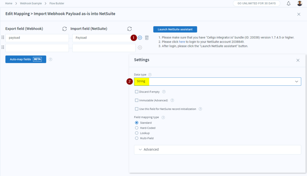 Celigo mapping how to set data type to string
