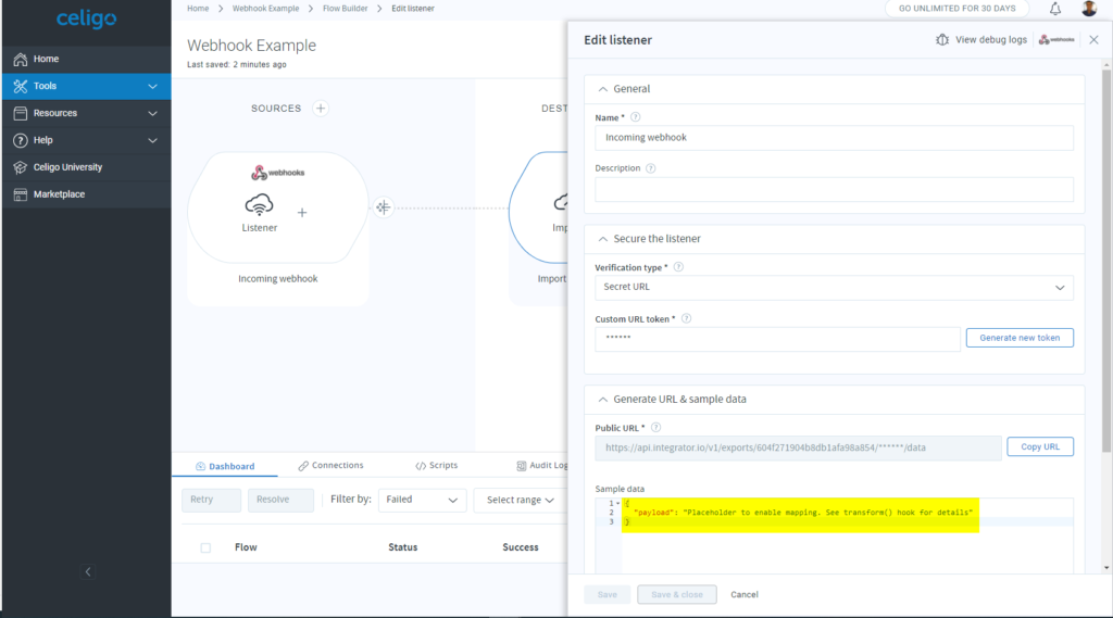 Celigo webhook listener configuration illustrated