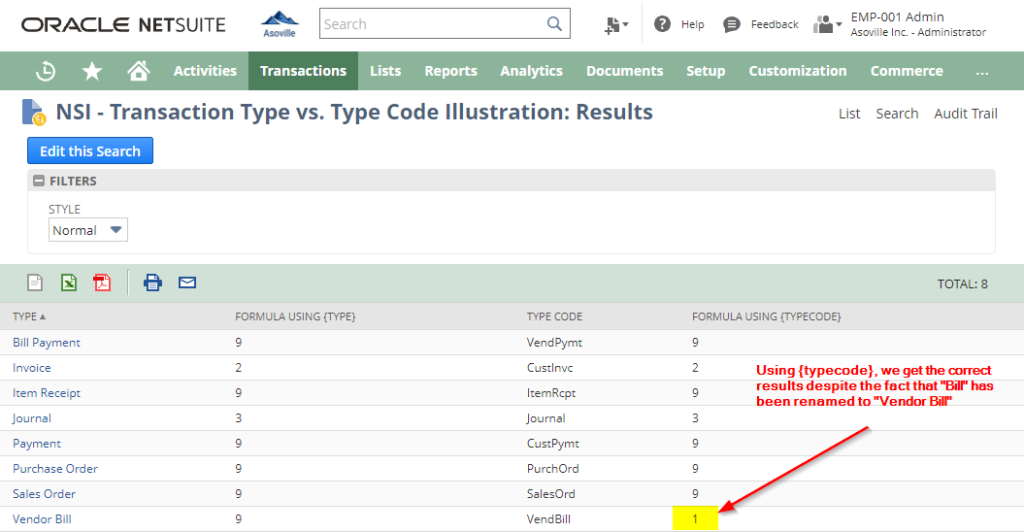 Example showing correct results when using the typecode field