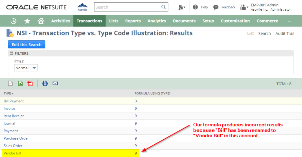 Example showing incorrect results when using the type field