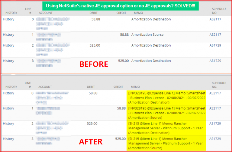 Amortization JE memo lines before and after