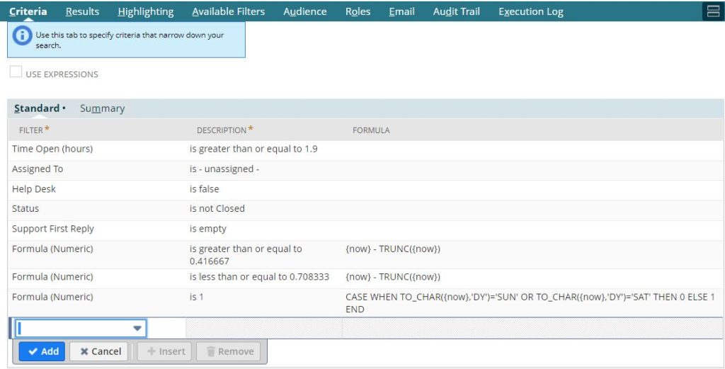 Complete saved search criteria for case alert emails.
