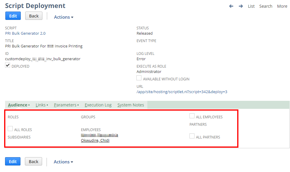 Script deployment showing audience configuration