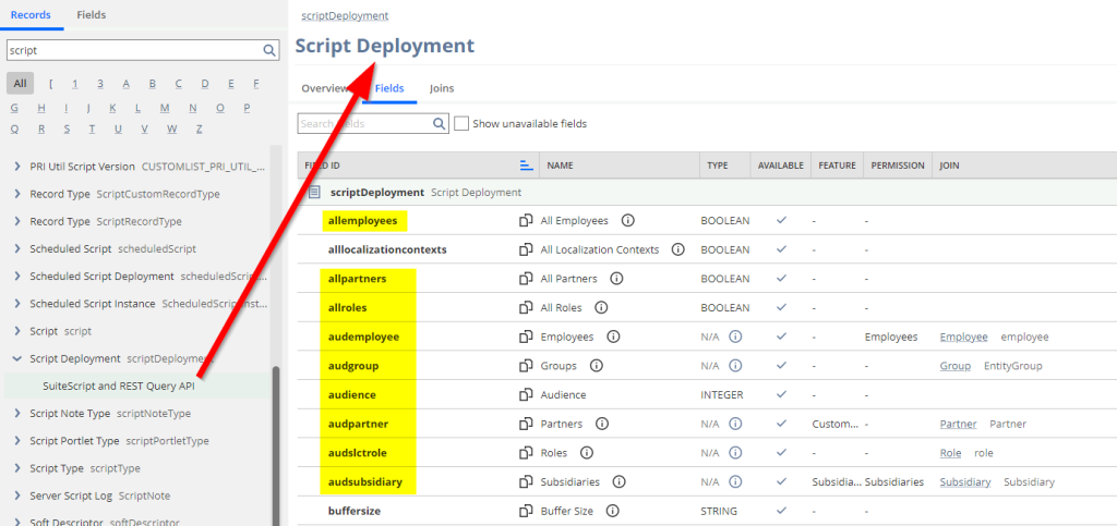 NetSuite record catalog showing permission-related fields on the script deployment record type.