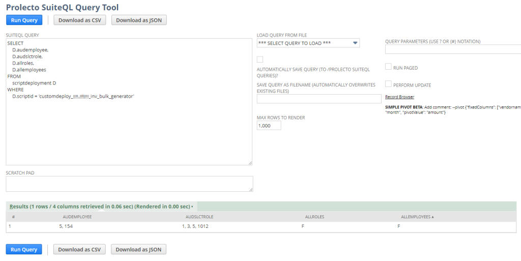 Sample script deployment query output