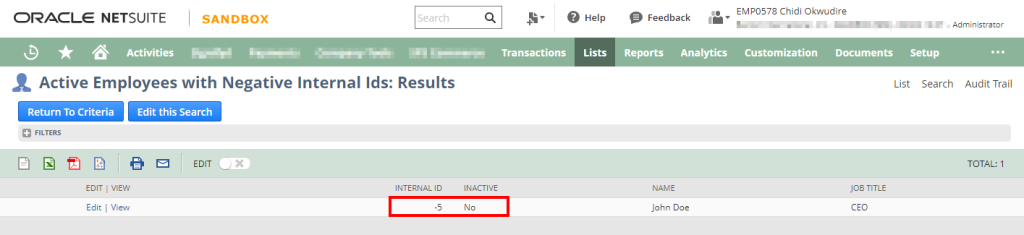 Search showing that the first user in an account has a negative internal ID and is not a system user.