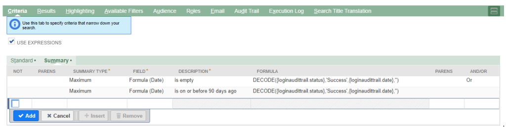 Control saved search summary criteria