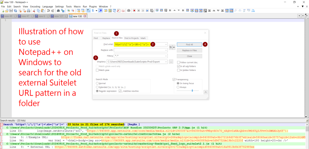 how to find external suitelet urls using regex in notepad++