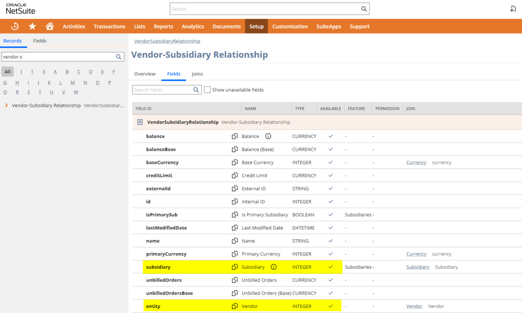 Vendor-Subsidiary Relationship Table - NetSuite Records Catalog